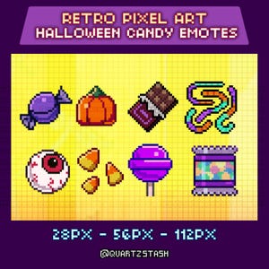 May include: A collection of retro pixel art Halloween candy emotes. The image features a purple wrapped candy, an orange pumpkin, a chocolate bar, a colorful gummy worm, an eyeball, candy corn, a lollipop, and a candy jar. Text reads "Retro Pixel Art Halloween Candy Emotes".