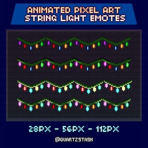 May include: Pixel art image featuring animated string light emotes. The image shows several rows of pixelated string lights with colorful bulbs. The text at the top reads "ANIMATED PIXEL ART STRING LIGHT EMOTES". The bottom text indicates sizes: 28PX - 56PX - 112PX.