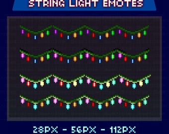 Könnte beinhalten: Pixel-Art-Bild mit animierten String-Light-Emotes. Das Bild zeigt mehrere Reihen pixeliger Lichterketten mit farbigen Glühbirnen. Der Text oben lautet "ANIMATED PIXEL ART STRING LIGHT EMOTES". Der Text unten zeigt die Größen an: 28PX - 56PX - 112PX.