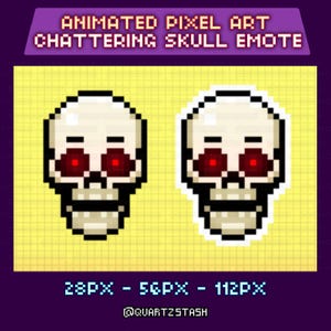 May include: Animated pixel art of a chattering skull emote. The skull is white with red eyes and a black outline. The image includes the text "ANIMATED PIXEL ART CHATTERING SKULL EMOTE" and size options: 28PX - 56PX - 112PX.