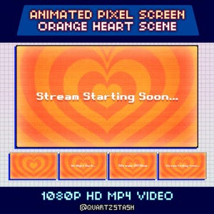 Peut inclure: Écran animé en pixels avec une scène de cœur orange. L'écran principal affiche "Stream Starting Soon..." en texte pixélisé blanc. En dessous, trois petits écrans avec des motifs de cœur et du texte. La vidéo est en 1080P HD MP4.