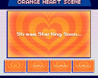 Animated Pixel Heart Scenes, Orange Twitch Overlay Screens, Be Right Back, Starting Soon, Stream Ending, Offline Image, Just Chatting