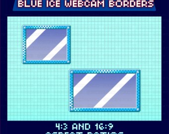 May include: Animated pixel art webcam borders in blue ice design. The image shows two rectangular frames with a diagonal white stripe, set against a light blue grid background. Text at the bottom indicates 4:3 and 16:9 aspect ratios. The creator's handle is @QUARTZSTASH.