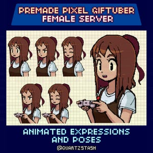 Puede incluir: Gráfico de pixel art que presenta a una camarera con varias expresiones y poses animadas. El personaje tiene cabello castaño, una camisa blanca y un delantal marrón. La imagen incluye el texto "PREMADE PIXEL GIFTUBER FEMALE SERVER" y "ANIMATED EXPRESSIONS AND POSES".