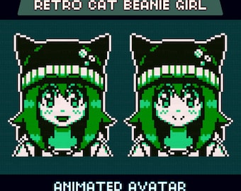 Animated Pixel Giftuber, Retro Cat Beanie Girl, Pre-made for Twitch & YouTube, Perfect for VTuber Overlay, Cute Buttons, Instant Download