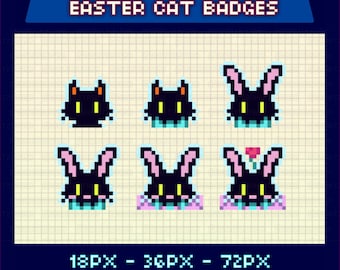 Pixel Art Easter Cat Badges, Twitch Overlay Assets, Retro Style Bunny Icons, Cute Black Kitten, 18px, 36px, 72px, Instant Download