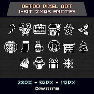 May include: A collection of retro pixel art Christmas emotes in black and white. The image includes a candy cane, reindeer, a sign that says "Happy Holidays", Santa Claus, a gingerbread man, and other holiday-themed icons. Text on the image reads "Retro Pixel Art 1-Bit Xmas Emotes".