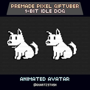 May include: A digital graphic showing two white, pixelated dogs in a sitting pose. The image includes the text "PREMADE PIXEL GIFTUBER 1-BIT IDLE DOG" and "ANIMATED AVATAR @QUARTZSTASH" in a pixelated font.