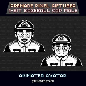 May include: A black and white pixelated graphic of a baseball cap-wearing avatar. The image includes the text "PREMADE PIXEL GIFTUBER 1-BIT BASEBALL CAP MALE" and "ANIMATED AVATAR". The avatar has a smiling expression.