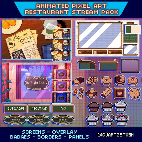 Animated Pixel Resturaunt Stream Pack, Twitch Cafe Overlay, Cozy Retro Screens and Borders, Ready to Use, HD Video Assets , Lofi Aesthetic