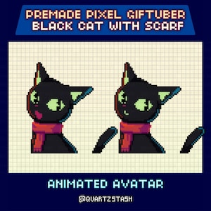 Op de afbeelding: Geanimeerde pixel art avatar van een zwarte kat met een rode sjaal. De kat heeft groene ogen en een roze tong. De tekst bovenaan luidt "PREMADE PIXEL GIFTUBER BLACK CAT WITH SCARF". De tekst onderaan zegt "ANIMATED AVATAR" en "@QUARTZSTASH".