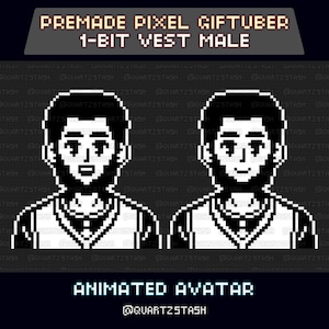 Puede incluir: Un avatar animado de píxeles prefabricado en estilo de 1 bit. La imagen presenta una figura masculina con chaleco, barba y pelo corto. El texto en la parte superior dice "PREMADE PIXEL GIFTUBER 1-BIT VEST MALE". El texto inferior dice "ANIMATED AVATAR".