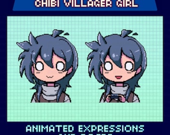 Animated Pixel Giftuber, Blue Hair Chibi Female Model, Premade for Twitch & YouTube, Ready to Use, Villager RPG Avatar, Gamepad Gif Pose