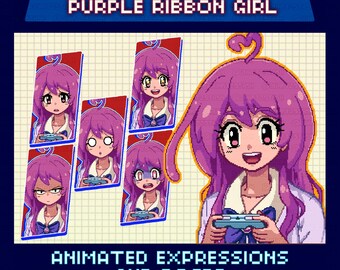 Animated Pixel Giftuber, Cute Purple Ribbon Girl, Premade for Twitch & YouTube, Retro Kawaii Design, 2 Poses, 6 Expressions, Ready to Use