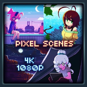 May include: A digital illustration of four pixel art scenes featuring characters in different settings. The text "PIXEL SCENES 4K 1080P" is displayed in the centre of the image.