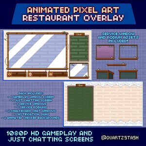 May include: An animated pixel art restaurant overlay with gameplay and just chatting screens. The design includes service windows, podium assets, and chalkboard chat windows. The text reads "Animated Pixel Art Restaurant Overlay" and "1080P HD Gameplay and Just Chatting Screens."