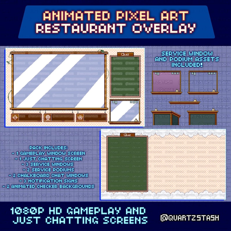 May include: An animated pixel art restaurant overlay with gameplay and just chatting screens. The design includes service windows, podium assets, and chalkboard chat windows. The text reads "Animated Pixel Art Restaurant Overlay" and "1080P HD Gameplay and Just Chatting Screens."