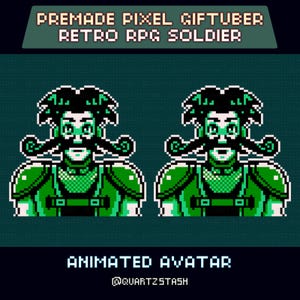 Pode incluir: Imagem em pixel art de dois avatares de soldados RPG retrô verdes e brancos idênticos. Os avatares têm grandes bigodes e usam armadura verde. A imagem inclui o texto "PREMADE PIXEL GIFTUBER RETRO RPG SOLDIER" e "ANIMATED AVATAR @QUARTZSTASH".