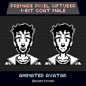 Puede incluir: Avatar animado en píxeles en blanco y negro, que representa una figura masculina con abrigo. La imagen incluye el texto "PREMADE PIXEL GIFTUBER 1-BIT COAT MALE" y "ANIMATED AVATAR". Diseño retro de 8 bits.