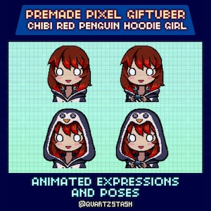 Könnte beinhalten: Pixel-Art-Grafik mit einem Chibi-Mädchen mit roten Haaren, das einen Pinguin-Hoodie trägt. Das Bild enthält den Text "PREMADE PIXEL GIFTUBER CHIBI RED PENGUIN HOODIE GIRL" und "ANIMATED EXPRESSIONS AND POSES".