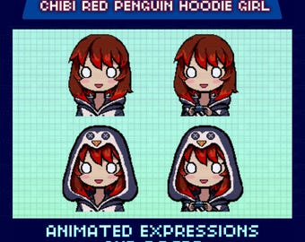 Animated Pixel Giftuber, Chibi Penguin Hoodie Girl Model, Premade for Twitch & YouTube, Ready to Use, Red Hair Avatar, Gamepad Gif Pose