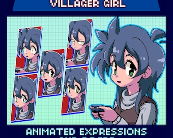 Animated Pixel Giftuber, RPG Villager Girl, Premade for Twitch & YouTube, Spiked Hair Character, 2 Poses, 6 Expressions, Ready to Use