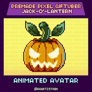 May include: Pixelated image of a Jack-O'-Lantern with a carved face, green leaves, and the text "PREMADE PIXEL GIFTUBER JACK-O'-LANTERN" at the top. The bottom text reads "ANIMATED AVATAR" with the handle @QUARTZSTASH.