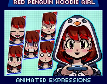 Animated Pixel Giftuber, Penguin Hoodie Girl Model, Premade for Twitch Overlay, Red Hair Female Avatar, 4 Poses, 6 Expressions, Ready to Use