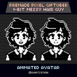 Può includere: Immagine in pixel art in bianco e nero di un personaggio con capelli spettinati, etichettata come "PREMADE PIXEL GIFTUBER 1-BIT MESSY HAIR GUY." L'immagine include anche il testo "ANIMATED AVATAR" e il nome utente del venditore.