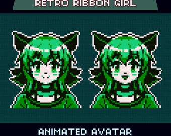 Animated Pixel Giftuber, Retro Ribbon Girl, Pre-made for Twitch & YouTube, Perfect for VTuber Overlay,  Green Female Model, Instant Download