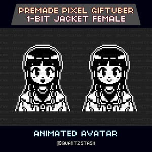 Könnte beinhalten: Schwarz-weiß Pixel-Art-Bild eines weiblichen Avatars mit Jacke. Text: "PREMADE PIXEL GIFTUBER 1-BIT JACKET FEMALE" und "ANIMATED AVATAR". Der Avatar hat lange Haare und einen lächelnden Ausdruck, mit Künstler-Handle.