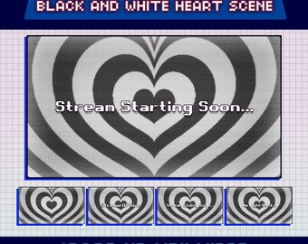 Animated Pixel Heart Scenes, Black & White Twitch Overlay Screens, Be Right Back, Starting Soon, Stream Ending, Offline Image, Just Chatting