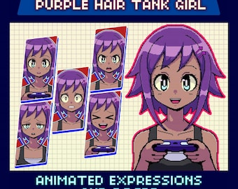 Animated Pixel Giftuber, Cute Purple Hair Tank Girl, Premade for Twitch & YouTube, Retro Kawaii Design, 2 Poses, 6 Expressions, Ready to Use