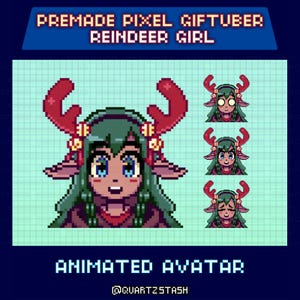 Puede incluir: Avatar animado en pixel art de una chica reno con pelo verde, cuernos rojos y ojos azules. La imagen incluye el texto "PREMADE PIXEL GIFTUBER REINDEER GIRL" y "ANIMATED AVATAR". El avatar tiene tres expresiones faciales diferentes.