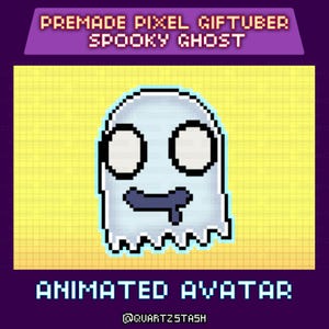 May include: Pixel art animated avatar of a spooky ghost with a light blue body, black eyes, and a dark blue mouth. The text "PREMADE PIXEL GIFTUBER SPOOKY GHOST" is at the top, and "ANIMATED AVATAR" is at the bottom. The background is yellow.