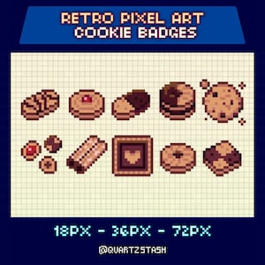 Insignias de chat de Pixel Cookie, recursos retro de subtítulos/bits para Twitch y YouTube, creaciones de transmisión digital, tamaños de 18 px, 36 px y 72 px incluidos.