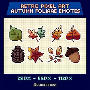 May include: A digital graphic featuring pixel art autumn foliage emotes. The image includes various leaves, a pinecone, and an acorn in shades of green, orange, yellow, and brown. Text at the top reads "Retro Pixel Art Autumn Foliage Emotes."