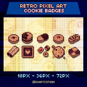May include: A collection of pixel art cookie badges in various designs and sizes. The image features a grid background with the text "RETRO PIXEL ART COOKIE BADGES" at the top. The bottom of the image includes the text "18PX - 36PX - 72PX" and "@QUARTZSTASH".
