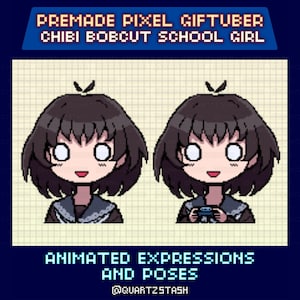 Könnte beinhalten: Pixel-Art-Grafik mit zwei Chibi-Schülerinnen mit Bob-Frisuren. Das Bild enthält den Text "PREMADE PIXEL GIFTUBER CHIBI BOBCUT SCHOOL GIRL" und "ANIMATED EXPRESSIONS AND POSES". Die Mädchen haben dunkles Haar, weiße Augen und tragen Schuluniformen.