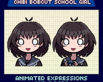 Animated Pixel Giftuber, Chibi Female Model, Premade for Twitch & YouTube, Ready to Use, Brown Bobcut Avatar, Gamepad Gif Pose