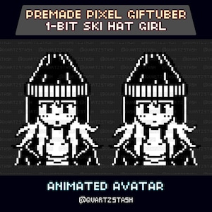May include: A black and white pixel art image of a girl wearing a ski hat. The image is labeled "PREMADE PIXEL GIFTUBER 1-BIT SKI HAT GIRL" and "ANIMATED AVATAR". The image has a retro video game aesthetic.