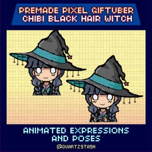 May include: Premade pixel Giftuber chibi black hair witch graphic. The image features two cartoon witches with black hats, teal bands, and star accents. The text reads "Animated Expressions and Poses" and "@quartzstash".