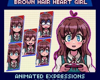 Animated Pixel Giftuber, Cute Brown Hair Girl, Premade for Twitch & YouTube, Green Sweater Character, 2 Poses, 6 Expressions, Ready to Use