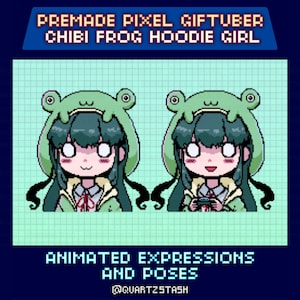May include: A pixel art character wearing a green frog hoodie with dark hair and a white collared shirt. The text reads PREMADE PIXEL GIFTUBER CHIBI FROG HOODIE GIRL and ANIMATED EXPRESSIONS AND POSES @QUARTZSTASH. Two variations show different facial expressions.