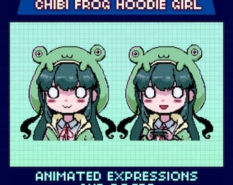 Animated Pixel Giftuber, Chibi Female Model, Premade for Twitch & YouTube, Ready to Use, Green Hair Avatar, Frog Hoodie, Gamepad Gif Pose