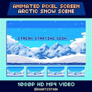 Peut inclure: Écran animé en pixels représentant une scène de neige arctique. L'image montre un paysage pixélisé avec des montagnes enneigées, un ciel bleu et le texte "STREAM STARTING SOON...". La vidéo est étiquetée 1080P HD MP4.