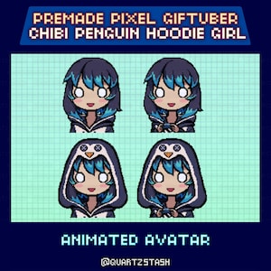 Könnte beinhalten: Pixel-Art-Grafik mit einem Chibi-Pinguin-Hoodie-Mädchen. Das Bild zeigt vier Variationen des Charakters, zwei mit heruntergezogener Kapuze und zwei mit hochgezogener Kapuze. Der Text oben lautet "PREMADE PIXEL GIFTUBER CHIBI PENGUIN HOODIE GIRL".