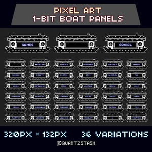 May include: Pixel art 1-bit boat panels in black and white. The image features 36 variations of boat-shaped panels with text labels such as "Games", "Social", "Discord", and "YouTube". The image also includes the dimensions 320px x 132px.