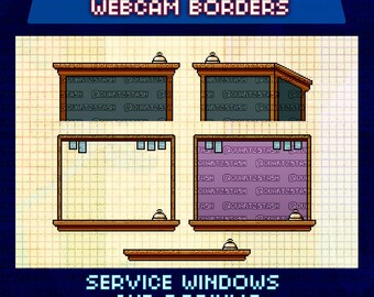May include: Pixel art webcam borders in a retro style. The image features several designs of service windows and podiums, with text that reads "Retro Pixel Art Webcam Borders" and "Service Windows and Podiums @QuartzStash".