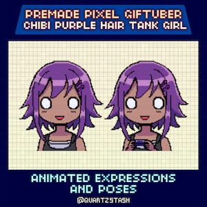 Könnte beinhalten: Zwei Pixelkunst-Bilder eines Chibi-Mädchens mit lila Haaren und einem Tanktop. Der Text oben lautet "PREMADE PIXEL GIFTUBER CHIBI PURPLE HAIR TANK GIRL". Der Text unten lautet "ANIMATED EXPRESSIONS AND POSES @QUARTZSTASH."